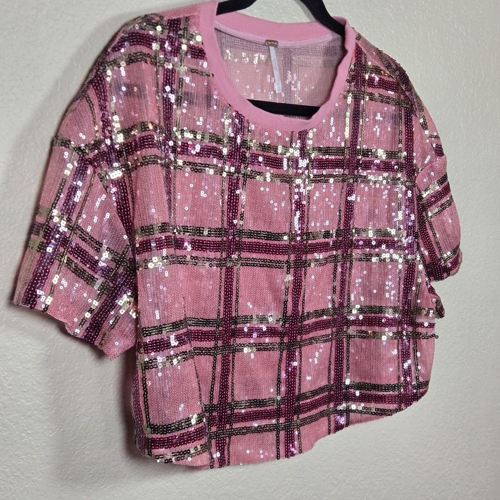 Free People Make It Easy Sequin Crop Boxy Tee Top Pink Plaid Lined Relaxed Small